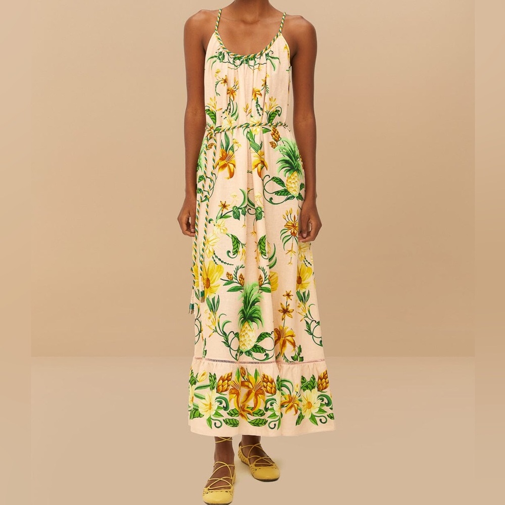 FarmRio Pink Botanical Beauty Lenzing Ecovero Euroflax Maxi Dress Floral NWT XL